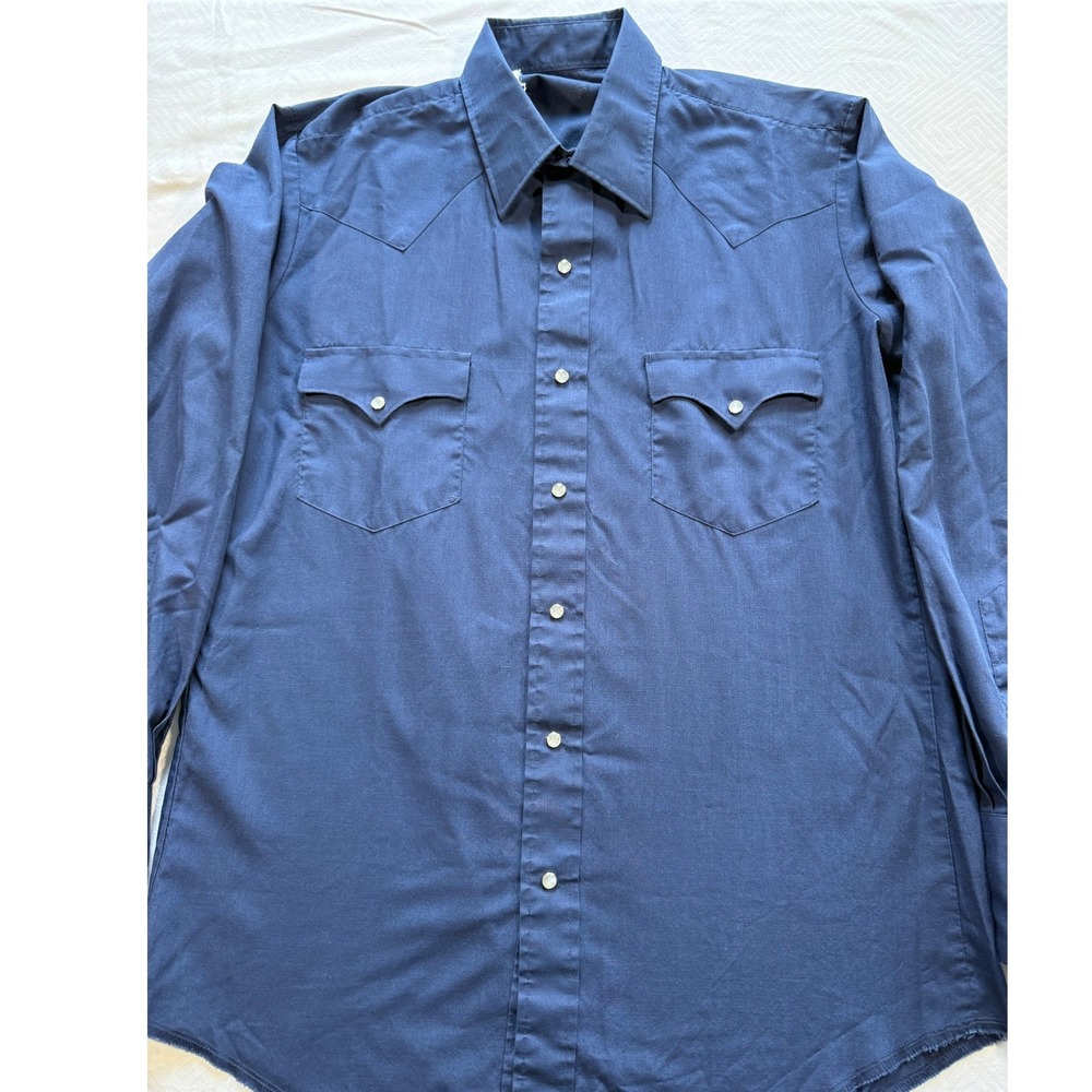Vintage Navy Blue Western Pearl Snap Shirt Long Sleeve Pointed Yoke Solid
